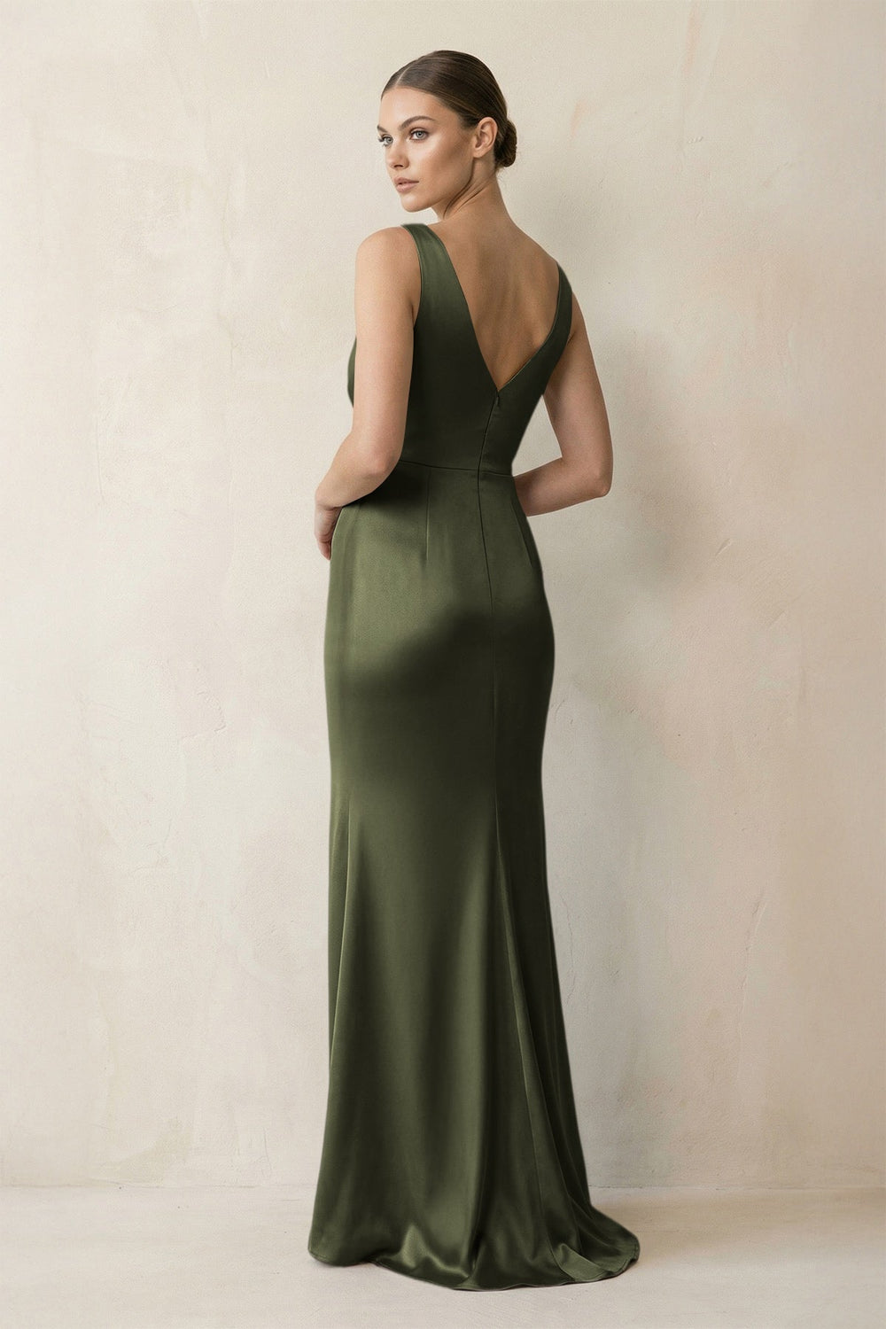 V - Neck Satin Ruched Sheath Bridesmaid Dress in Willow Green - KissProm Bridesmaid Dresses