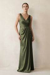 V - Neck Satin Ruched Sheath Bridesmaid Dress in Willow Green - KissProm Bridesmaid Dresses