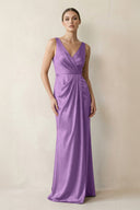 V - Neck Satin Ruched Sheath Bridesmaid Dress in Wisteria - KissProm Bridesmaid Dresses