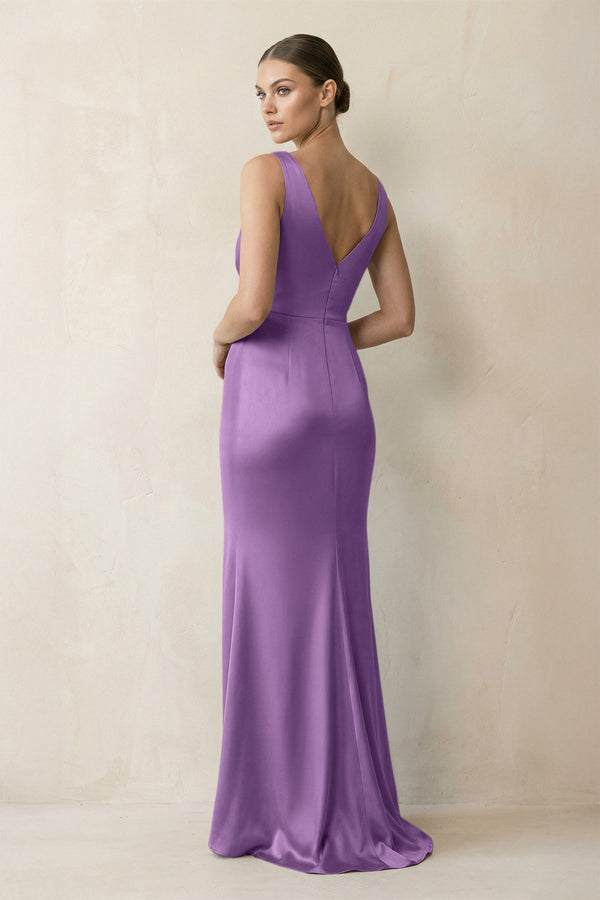 V - Neck Satin Ruched Sheath Bridesmaid Dress in Wisteria - KissProm Bridesmaid Dresses