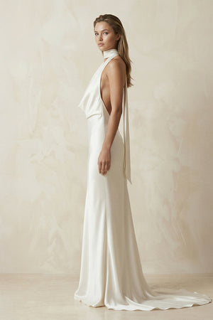 V - Neck Satin Sheath Wedding Dress With Side Slit in Ivory - KissProm Wedding Dresses