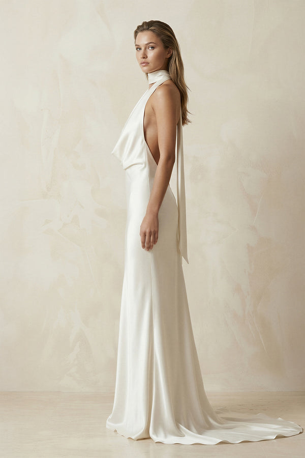 V - Neck Satin Sheath Wedding Dress With Side Slit in Ivory - KissProm Wedding Dresses