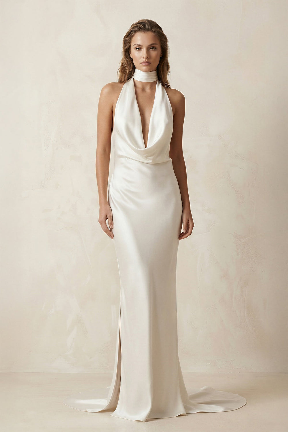 KissProm | V-Neck Satin Sheath Wedding Dress With Side Slit in Ivory