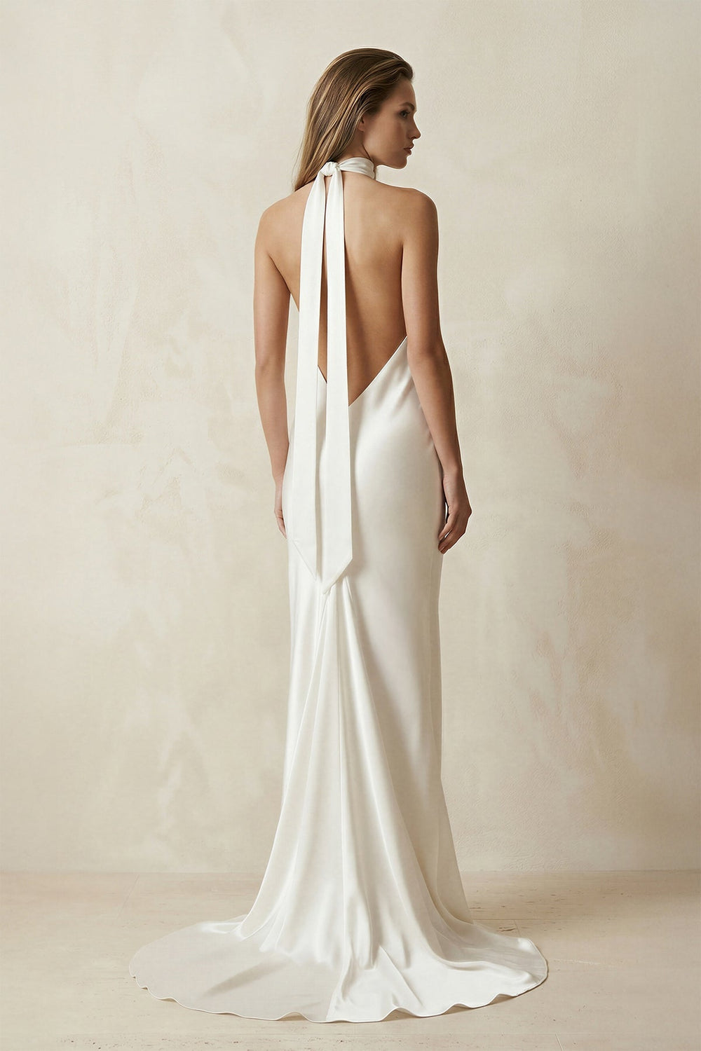 V - Neck Satin Sheath Wedding Dress With Side Slit in Ivory - KissProm Wedding Dresses