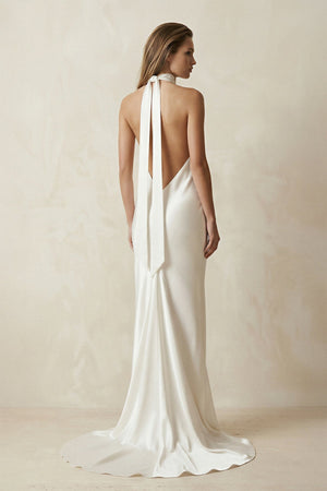 V - Neck Satin Sheath Wedding Dress With Side Slit in Ivory - KissProm Wedding Dresses