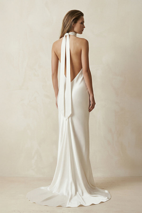 V - Neck Satin Sheath Wedding Dress With Side Slit in Ivory - KissProm Wedding Dresses
