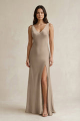V - neck Sheath Satin Bridesmaid Dress With Back Bow in Almond - KissProm Bridesmaid Dresses