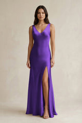 V - neck Sheath Satin Bridesmaid Dress With Back Bow in Amethyst - KissProm Bridesmaid Dresses