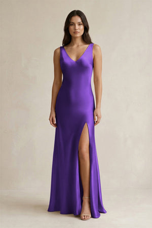 V - neck Sheath Satin Bridesmaid Dress With Back Bow in Amethyst - KissProm Bridesmaid Dresses