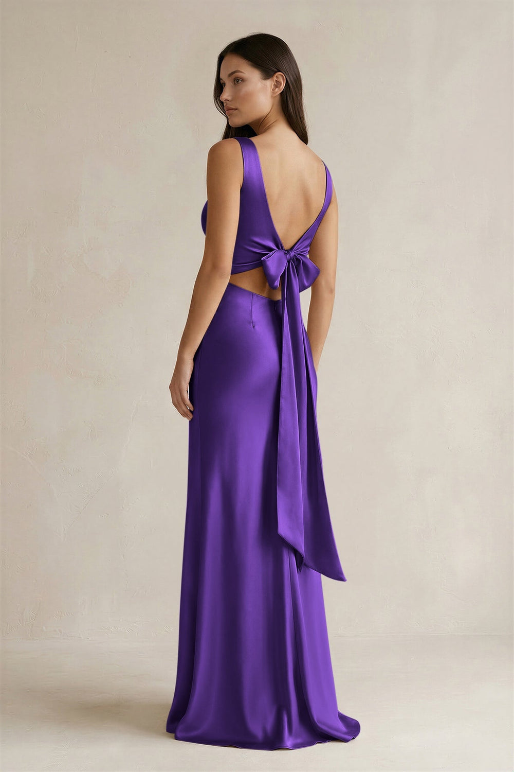 V - neck Sheath Satin Bridesmaid Dress With Back Bow in Amethyst - KissProm Bridesmaid Dresses