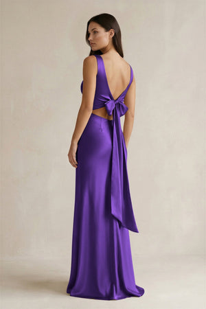 V - neck Sheath Satin Bridesmaid Dress With Back Bow in Amethyst - KissProm Bridesmaid Dresses