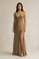 V - neck Sheath Satin Bridesmaid Dress With Back Bow in Apple Cinnamon - KissProm Bridesmaid Dresses