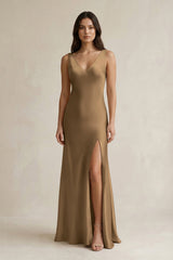 V - neck Sheath Satin Bridesmaid Dress With Back Bow in Apple Cinnamon - KissProm Bridesmaid Dresses