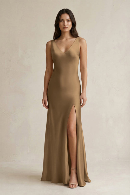 V - neck Sheath Satin Bridesmaid Dress With Back Bow in Apple Cinnamon - KissProm Bridesmaid Dresses