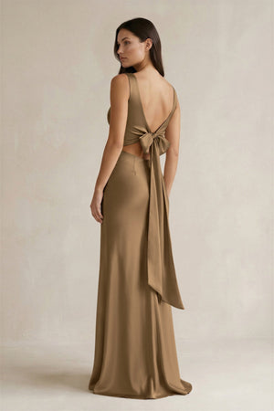 V - neck Sheath Satin Bridesmaid Dress With Back Bow in Apple Cinnamon - KissProm Bridesmaid Dresses