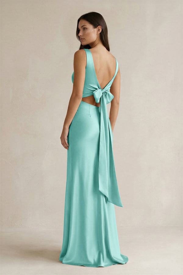 V-neck Sheath Satin Bridesmaid Dress With Back Bow in Aqua V-neck Sheath Satin Bridesmaid Dress With Back Bow in Aqua