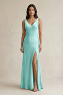 V - neck Sheath Satin Bridesmaid Dress With Back Bow in Aqua - KissProm Bridesmaid Dresses