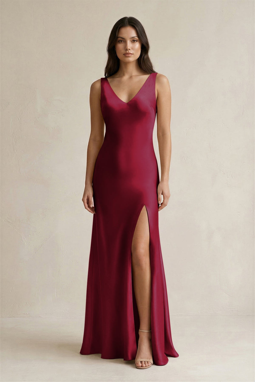 V - neck Sheath Satin Bridesmaid Dress With Back Bow in Berry - KissProm Bridesmaid Dresses
