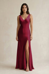 V - neck Sheath Satin Bridesmaid Dress With Back Bow in Berry - KissProm Bridesmaid Dresses