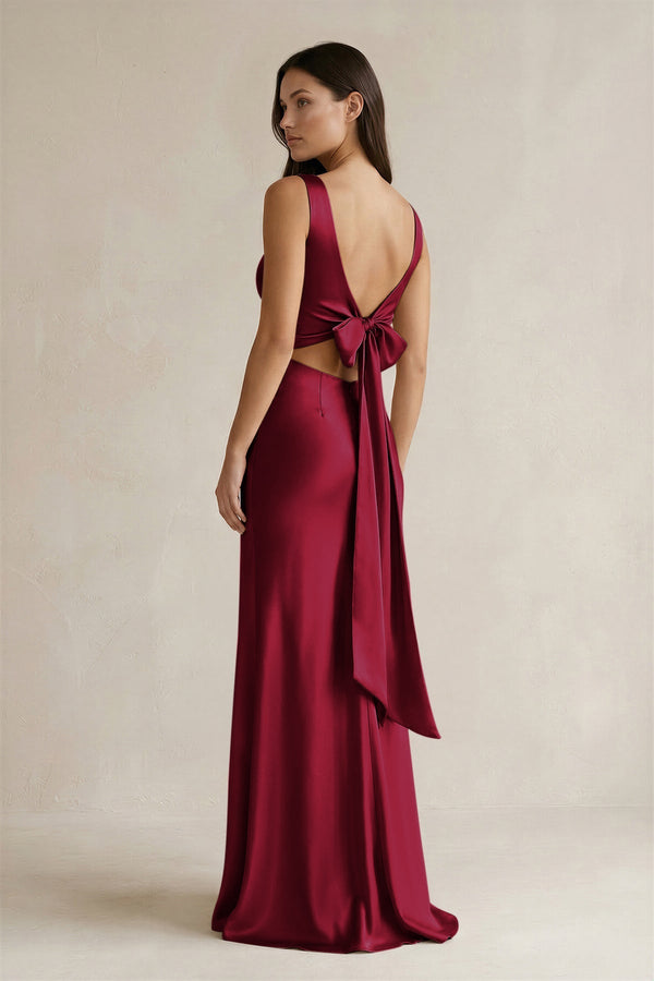 V - neck Sheath Satin Bridesmaid Dress With Back Bow in Berry - KissProm Bridesmaid Dresses