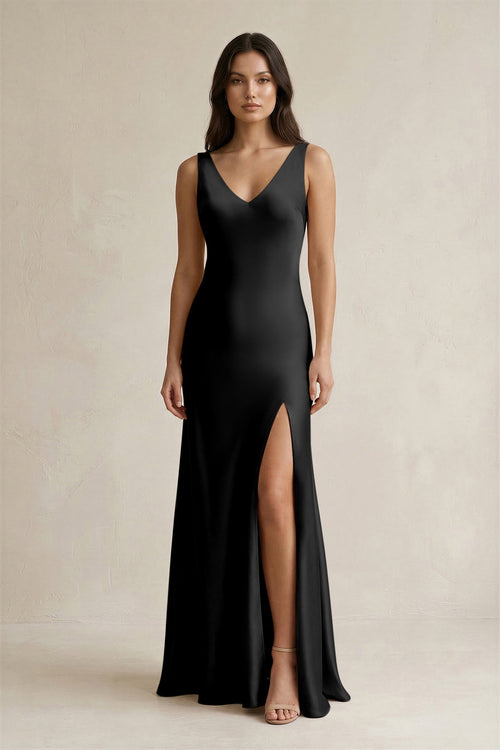 KissProm | V-neck Sheath Satin Bridesmaid Dress With Back Bow in Black KissProm | V-neck Sheath Satin Bridesmaid Dress With Back Bow in Black