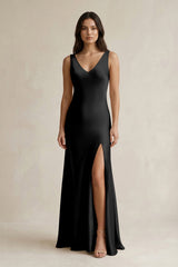 V - neck Sheath Satin Bridesmaid Dress With Back Bow in Black - KissProm Bridesmaid Dresses