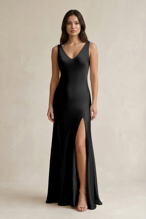 V - neck Sheath Satin Bridesmaid Dress With Back Bow in Black - KissProm Bridesmaid Dresses