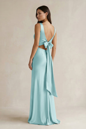 V - neck Sheath Satin Bridesmaid Dress With Back Bow in Bleached Aqua - KissProm Bridesmaid Dresses