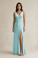 V - neck Sheath Satin Bridesmaid Dress With Back Bow in Bleached Aqua - KissProm Bridesmaid Dresses