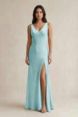 V - neck Sheath Satin Bridesmaid Dress With Back Bow in Bleached Aqua - KissProm Bridesmaid Dresses