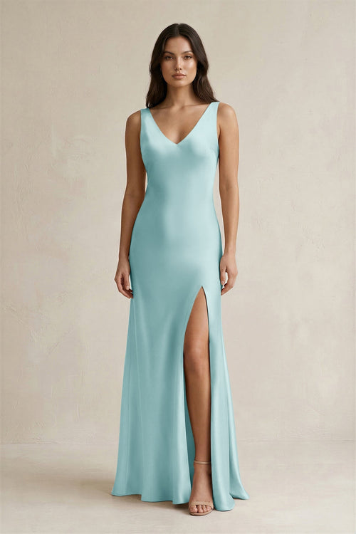 V - neck Sheath Satin Bridesmaid Dress With Back Bow in Bleached Aqua - KissProm Bridesmaid Dresses