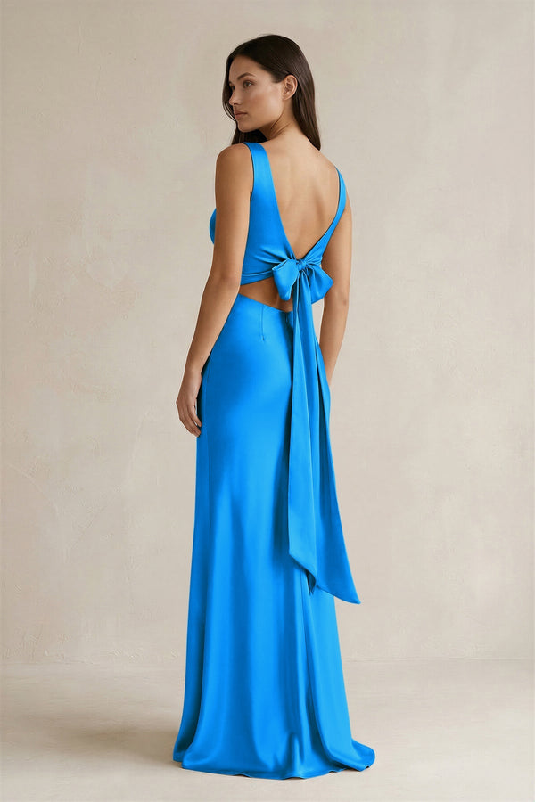 V - neck Sheath Satin Bridesmaid Dress With Back Bow in Blue Jay - KissProm Bridesmaid Dresses