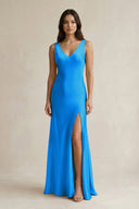 V - neck Sheath Satin Bridesmaid Dress With Back Bow in Blue Jay - KissProm Bridesmaid Dresses