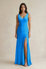 V - neck Sheath Satin Bridesmaid Dress With Back Bow in Blue Jay - KissProm Bridesmaid Dresses