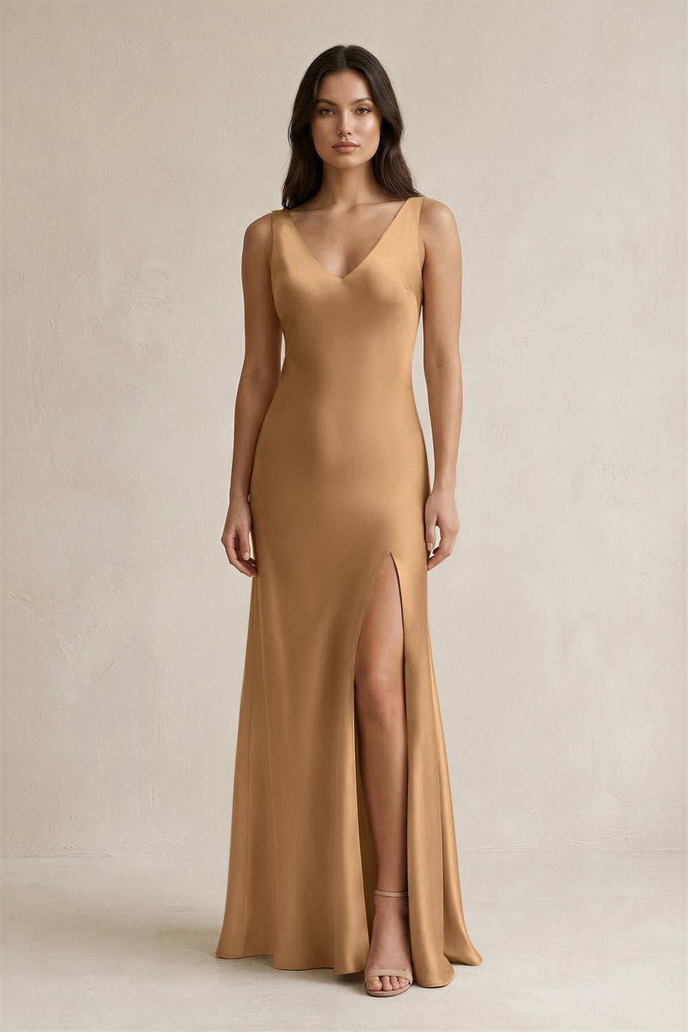 V - neck Sheath Satin Bridesmaid Dress With Back Bow in Bronzer - KissProm Bridesmaid Dresses