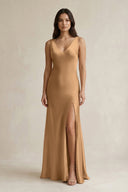 V - neck Sheath Satin Bridesmaid Dress With Back Bow in Bronzer - KissProm Bridesmaid Dresses