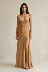 V - neck Sheath Satin Bridesmaid Dress With Back Bow in Bronzer - KissProm Bridesmaid Dresses