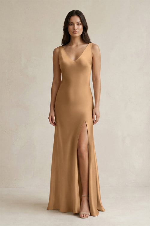 V - neck Sheath Satin Bridesmaid Dress With Back Bow in Bronzer - KissProm Bridesmaid Dresses