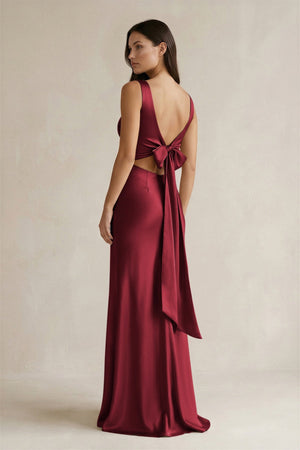 V - neck Sheath Satin Bridesmaid Dress With Back Bow in Burgundy - KissProm Bridesmaid Dresses