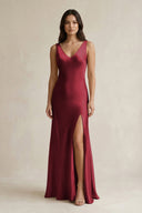 V - neck Sheath Satin Bridesmaid Dress With Back Bow in Burgundy - KissProm Bridesmaid Dresses