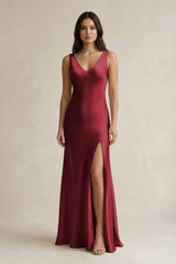 V - neck Sheath Satin Bridesmaid Dress With Back Bow in Burgundy - KissProm Bridesmaid Dresses