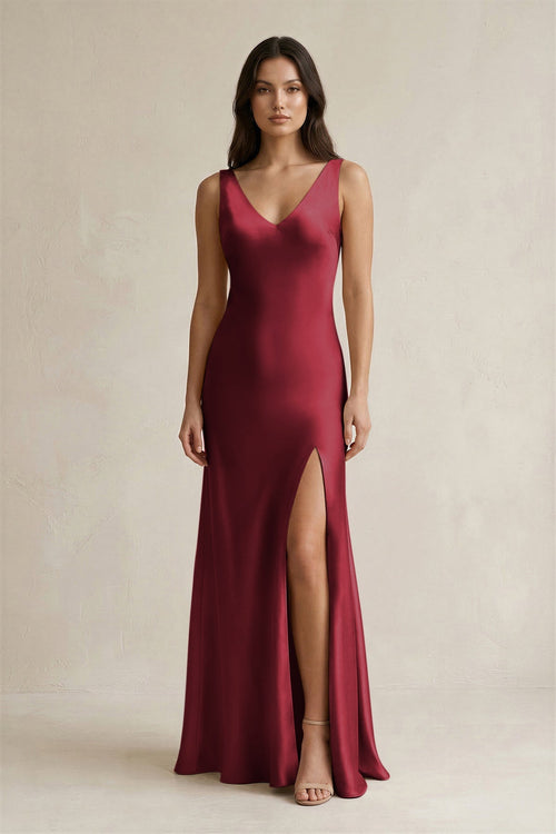 V - neck Sheath Satin Bridesmaid Dress With Back Bow in Burgundy - KissProm Bridesmaid Dresses