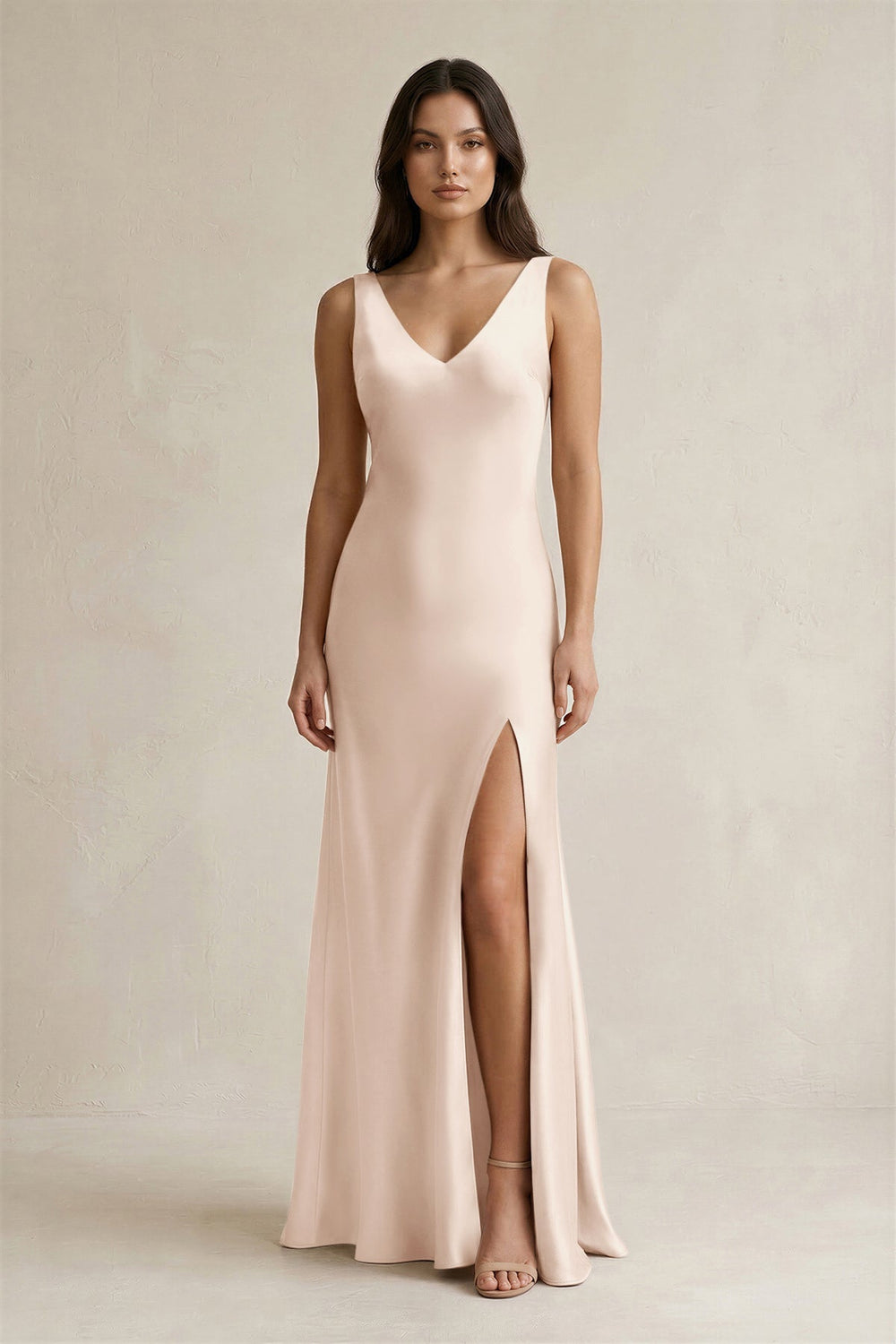 V - neck Sheath Satin Bridesmaid Dress With Back Bow in Buttercream - KissProm Bridesmaid Dresses