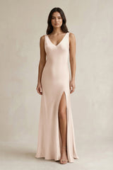 V - neck Sheath Satin Bridesmaid Dress With Back Bow in Buttercream - KissProm Bridesmaid Dresses