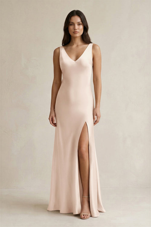 V - neck Sheath Satin Bridesmaid Dress With Back Bow in Buttercream - KissProm Bridesmaid Dresses