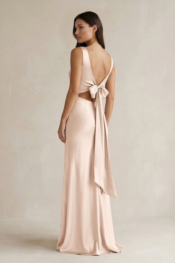 V - neck Sheath Satin Bridesmaid Dress With Back Bow in Buttercream - KissProm Bridesmaid Dresses