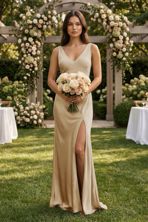 V - neck Sheath Satin Bridesmaid Dress With Back Bow in Champagne - KissProm Bridesmaid Dresses