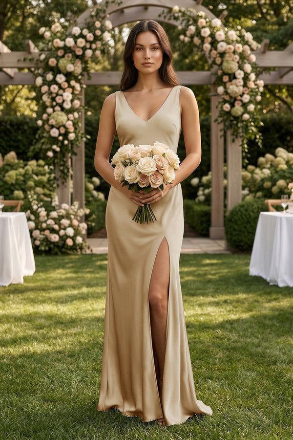 V - neck Sheath Satin Bridesmaid Dress With Back Bow in Champagne - KissProm Bridesmaid Dresses