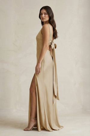 V - neck Sheath Satin Bridesmaid Dress With Back Bow in Champagne - KissProm Bridesmaid Dresses