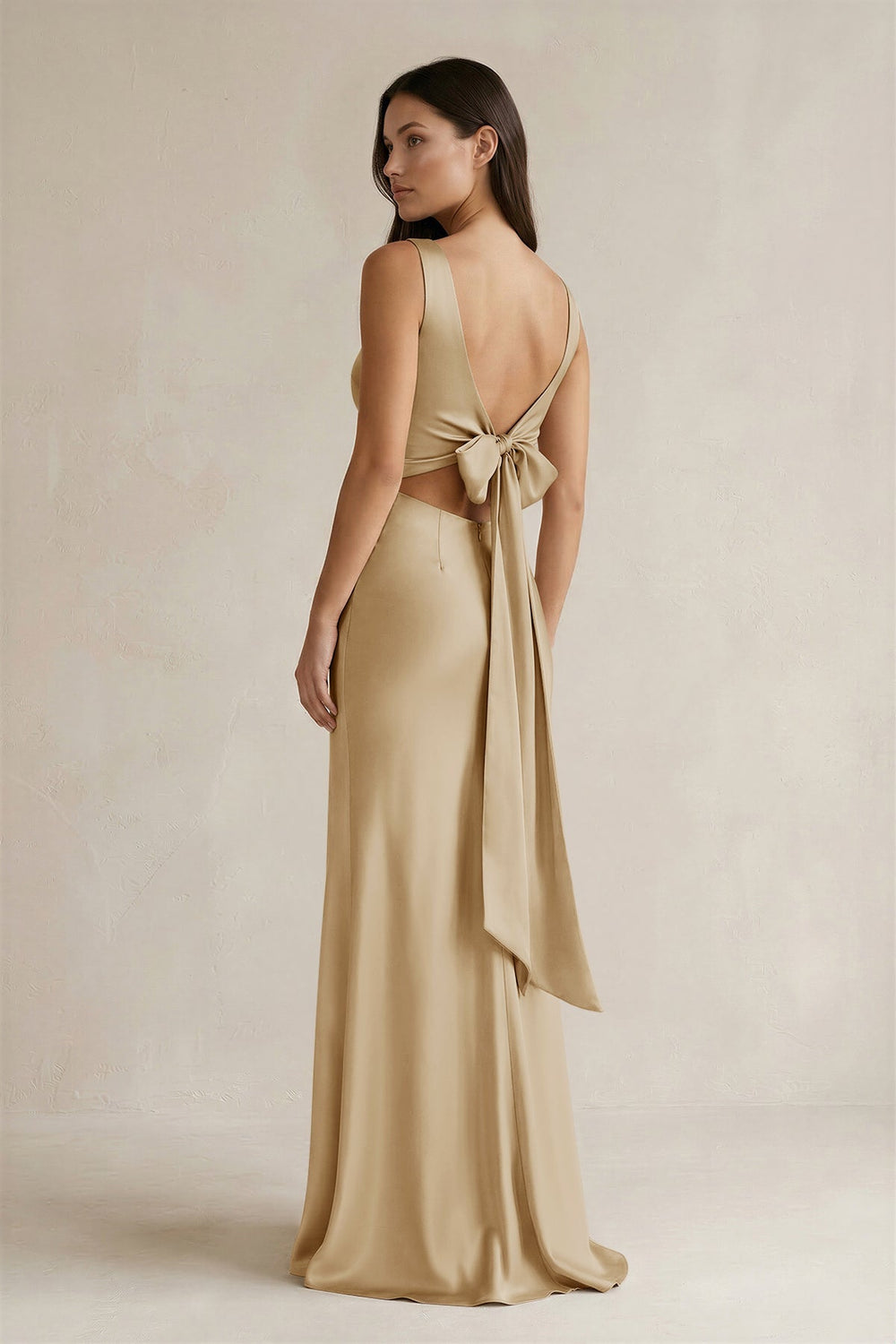 V - neck Sheath Satin Bridesmaid Dress With Back Bow in Champagne - KissProm Bridesmaid Dresses